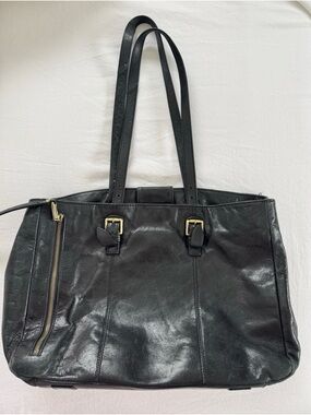 Structured Black Leather Tote with Gold Hardware - Women Bags Totes